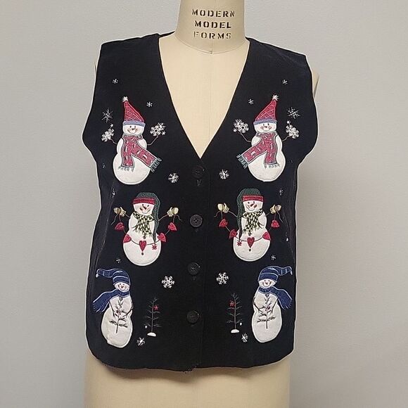Vintage Christopher&Banks Christmas Vest Sz M Black Velvet Snowmen - Picture 1 of 5